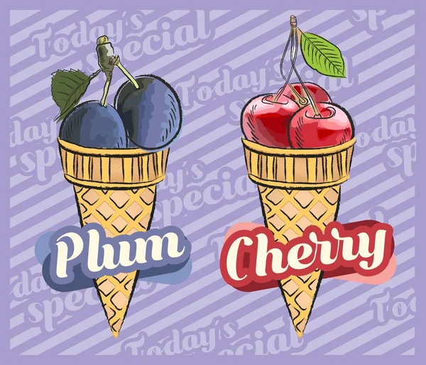 Glace Aux Cerises Glace Aux Prunes Illustration Vectorielle Cône Crème — Image vectorielle