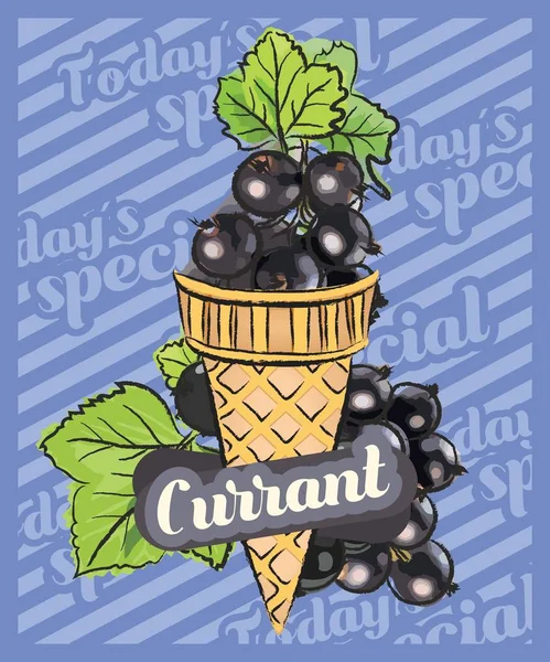 黒いブルーのローワンベリーアイスクリームスクープコーン ベクトル スケッチイラストレーション フルーツアイスクリームのアイデア コンセプト — ストックベクタ