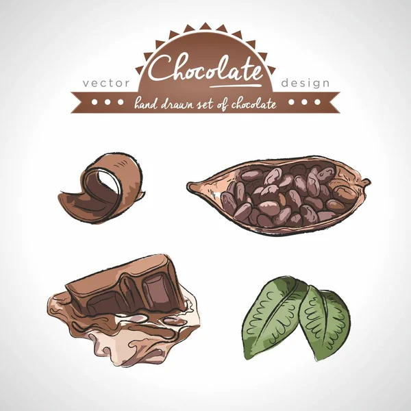 Chocolade Collectie Van Cacao Producten Met Blad Vector Illustratie Geïsoleerd — Stockvector