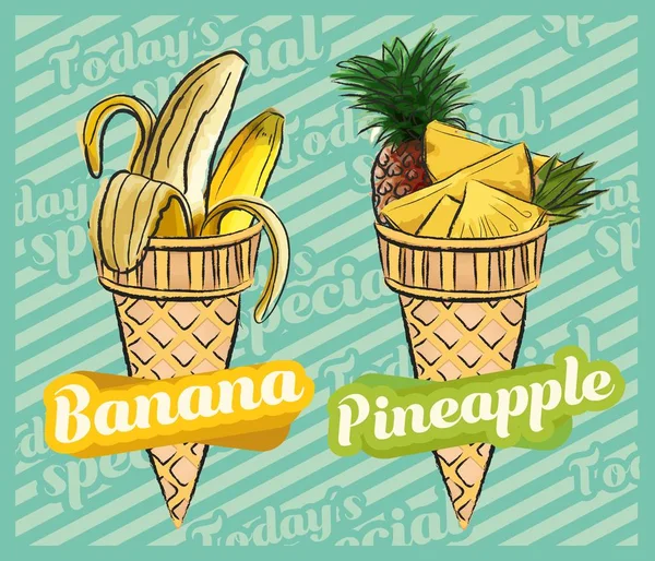 Bananeneis Ananaseis Vektorillustration Von Fruchteiskegel Handgezeichnetes Design — Stockvektor