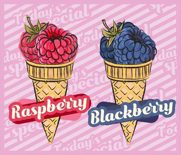 Малиновое Мороженое Мороженое Blackberry Векторная Иллюстрация Конуса Фруктового Мороженого Рисунок — стоковый вектор