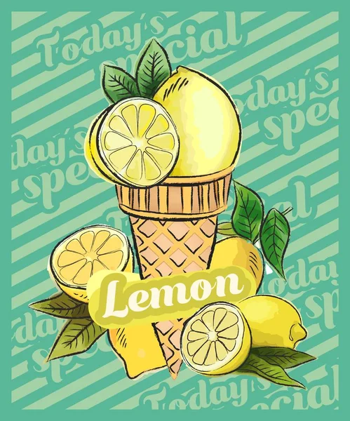 Лимонное Мороженое Конусе Векторный Эскиз Идея Фруктового Мороженого Концепция — стоковый вектор