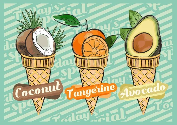 Kókuszdió Fagylaltot Tangerine Fagylalt Avokádó Fagylalttal Gyümölcs Fagylalttölcsér Vektorképe Kézzel — Stock Vector