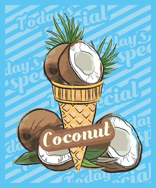 Coconut Ice Cream Scoop Cone Vector Sketch Illustration Nut Ice — Stock Vector