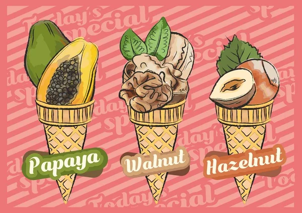 Papaya Eis Walnusseis Haselnusseis Vektorillustration Von Fruchteiskegel Handgezeichnetes Design — Stockvektor