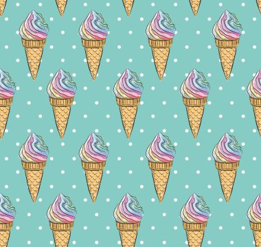 Dondurma gökkuşağı dikişsiz desen, dondurulmuş yaz tatlılık ile vektör illüstrasyon. Duvar kağıdı, doku, ambalaj kağıdı, kumaş, arka plan tasarımı