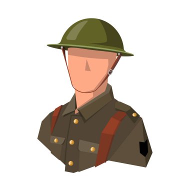 Görüntü, Birinci Dünya Savaşı sırasında İngiliz ordusunun asker büstü. Bir kask ve haki üniforma giymiş. İyi bir avatar veya simge olarak uygun. Vektör. Renkleri kolayca düzeltilebilir