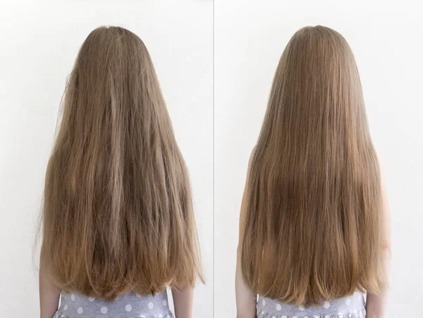 Em um fundo leve menina cabelo longo antes e depois frágil e suave — Fotografia de Stock