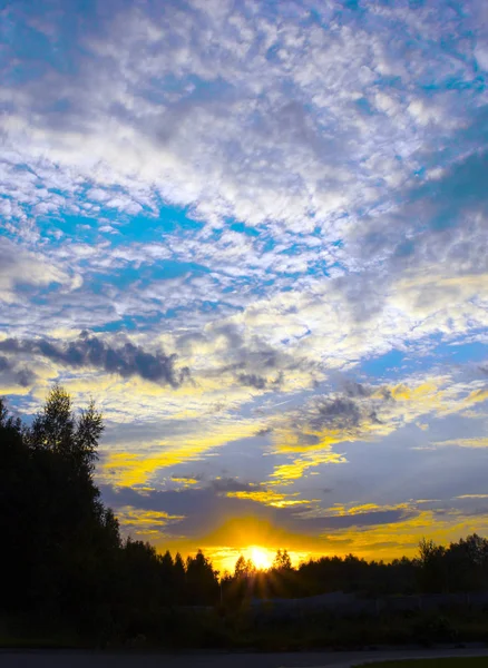 Puesta de sol cielo puesta sol hermoso bosque nubes marco — Foto de Stock