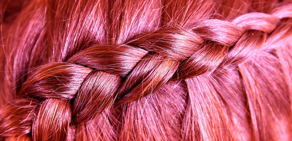 Franse Vlecht Integendeel Gevlochten Roze Lang Glanzend Gezond Haar Kapsel — Stockfoto