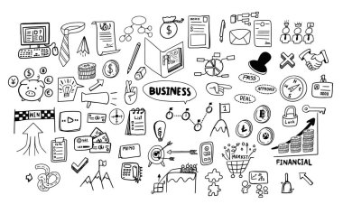 şirin el iş ve finansal Tema simgeleri beyaz arka plan üzerinde küme koleksiyon izole Doodle sanatı çizimi