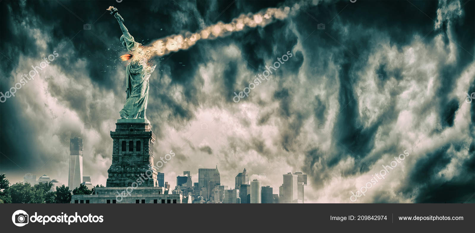 Statue Liberty Destroyed Meteor New York City Apocalyp — Stock Photo