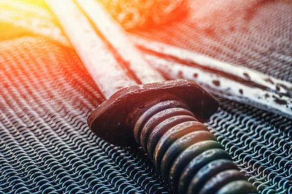 Ancient swords blades, antique steel cold weapon of knights or fantasy warriors, close up with sunlight — Stock Photo, Image