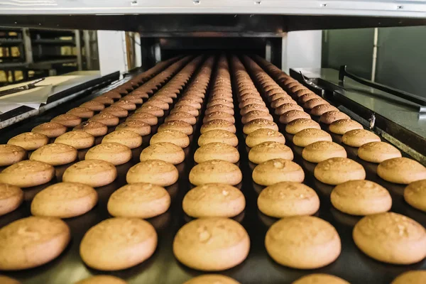 Automatisk bageri produktionslinje med söta cookies på transportband utrustning maskiner i konfektyrfabrik verkstad, industriell livsmedelsproduktion — Stockfoto