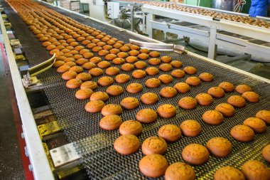 Konveyör hattı, gıda üretim fabrikası veya makine ile bitki hamur işi. Tanımlama bilgilerini işlem yapma