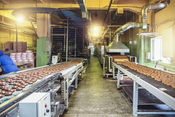 Automated production line and conveyor belt at modern bakery factory interior. Machines and equipment for baking confectionery cookies and biscuit. Industrial food production