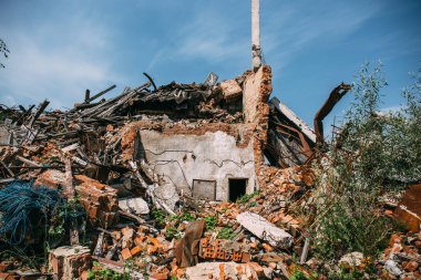 Yıkık kırmızı tuğla bina deprem veya kasırga veya savaş veya diğer afet ile yok. Ev yıkıldı. Enkaz, çöp