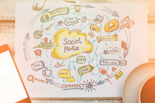 Vue du dessus dessiné à la main - Concept de marketing des médias sociaux et des réseaux sociaux, image des tendances modernes de la communication sur Internet au soleil — Photo