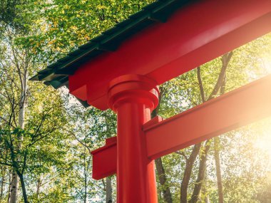 Kırmızı Japon güneş yeşil ağaçlar arka plan ışığı kapı