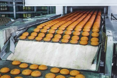 Gıda fabrika, sanayi konveyör bant veya tatlı kurabiye, ekmek ve gıda üretim kavramı hazırlanması süreci içeren satırı