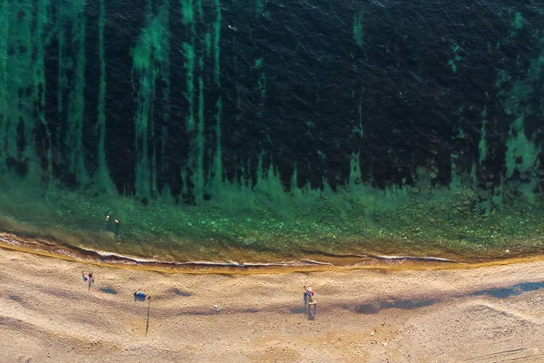 Luftaufnahme aus der Drohne von wildem Sandstrand und Menschen mit azurblauem Wasser und Algen von oben, Naturhintergrund mit Kopierraum — Stockfoto