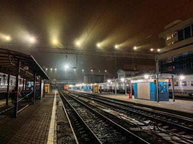 Rostov-on-Don, Rusya Federasyonu-Kasım 2018 yaklaşık: Demiryolları İstasyonu, Rzd Rostov-on-Don gece, yolcu treni ve insanlar ile platform içinde