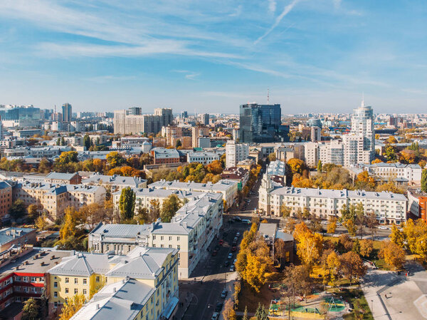 Aerial downtown Voronezh city panorama from drone in sunny day, new and old buildings, skyline view