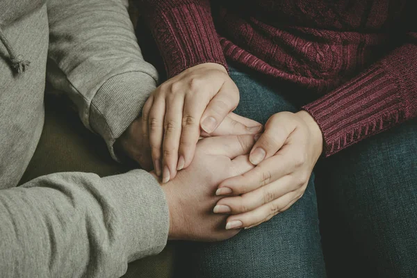 Woman hands holding man hands close-up, couple lifestyle, wife supports her husband in trouble. Sharing and giving hope concept — Stock Photo, Image