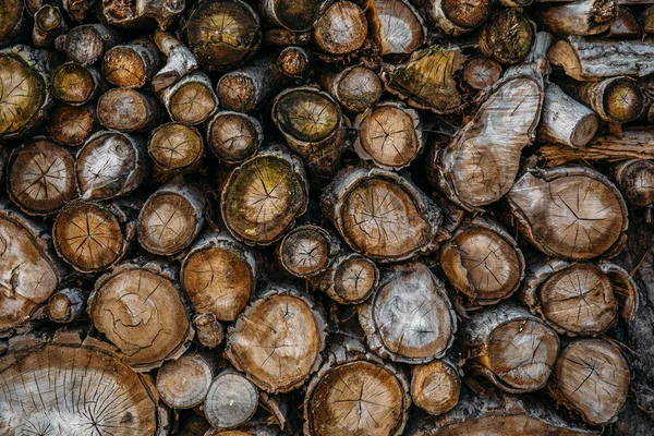 Brandhout achtergrond. Stapel gehakte ronde houtstapel hout brandhout materiaal, bruin houtstructuur — Stockfoto