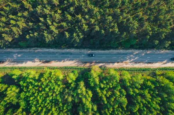 Vue aérienne du dessus de la route asphaltée entre la forêt verte d'été à la journée ensoleillée d'été — Photo