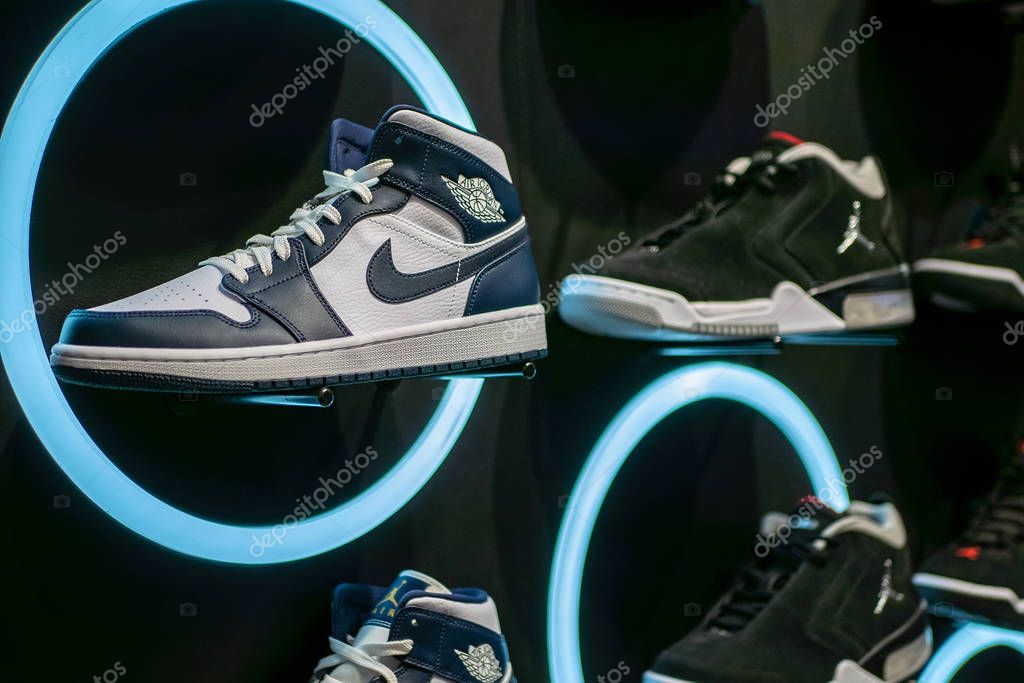 Voronezh, Russia - Circa July 2019: Nike Air Jordan sneakers - sport and lifestyle shoes in store. Jordan brand - famous sportswear company by Nike.