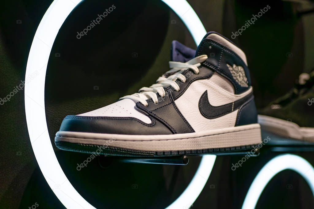 Voronezh, Russia - Circa July 2019: Nike Air Jordan sneakers - sport and lifestyle shoes in store. Jordan brand - famous sportswear company by Nike.