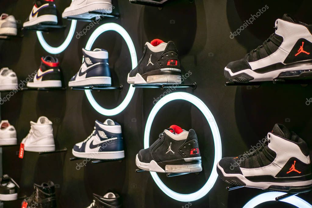 Voronezh, Russia - Circa July 2019: Nike Air Jordan sneakers - sport and lifestyle shoes in store. Jordan brand - famous sportswear company by Nike.