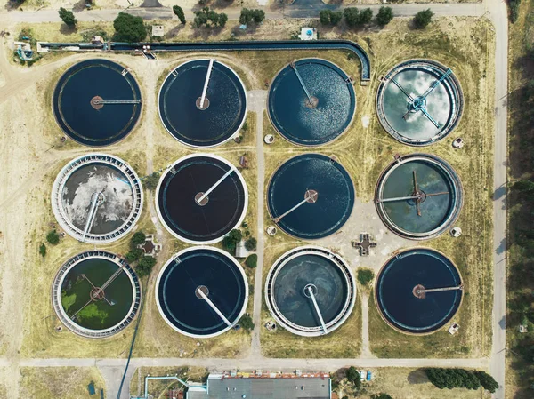 Wastewater and sewage treatment plant, aerial top view from drone — Stok Foto