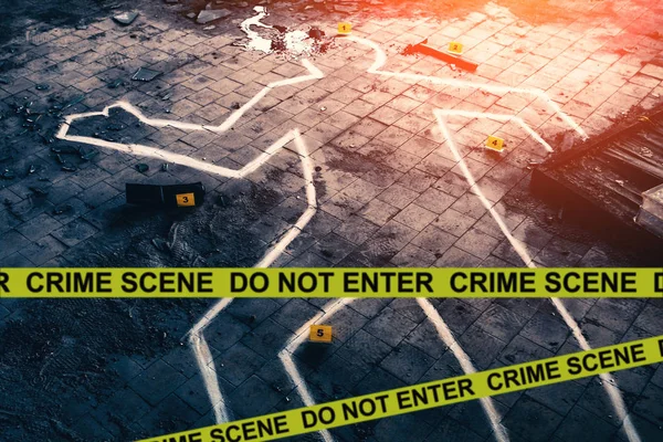 White chalk outline of killed body, blood an floor and yellow police caution tape with text - crime scene, do not enter. Murder investigation concept