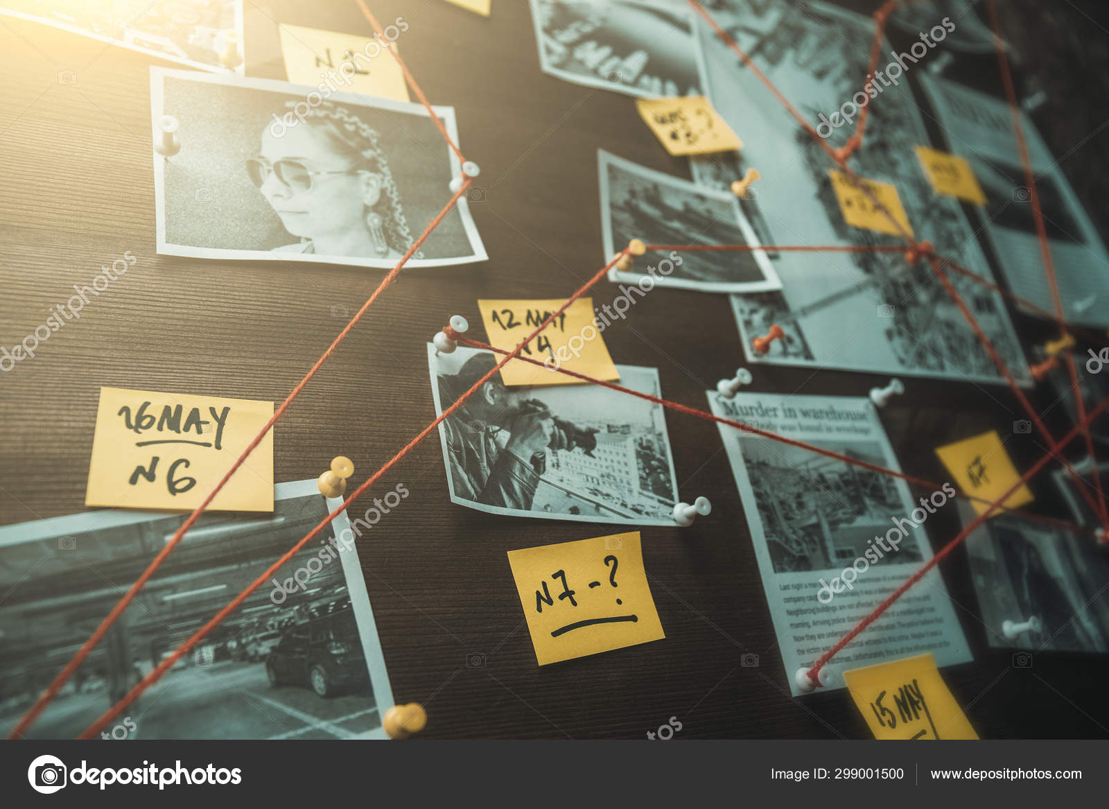 Junta de detectives con fotos de presuntos delincuentes, escenas del crimen y pruebas con hilos rojos — Foto de stock #299001500 © DedMityay