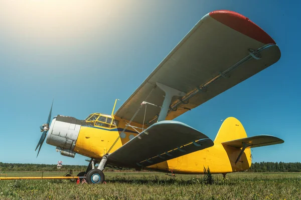 Vintage αεροσκάφη σε πράσινο γρασίδι και μπλε ουρανό φόντο στο φως του ήλιου. Παλιό ρετρό αεροπλάνο — Φωτογραφία Αρχείου
