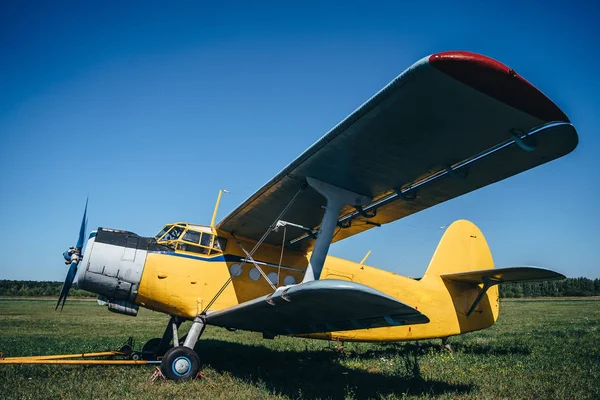 Vintage vliegtuigen op groen gras en blauwe hemel achtergrond in zonlicht. Oude retro vliegtuig — Stockfoto