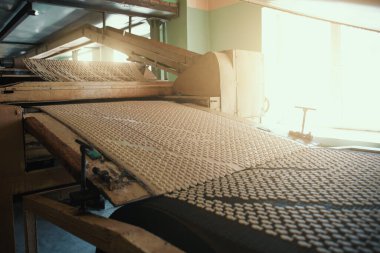 Taşıma bandında tatlı kurabiyeler olan fırın üretim hattı, şekerleme fabrikası atölyesi