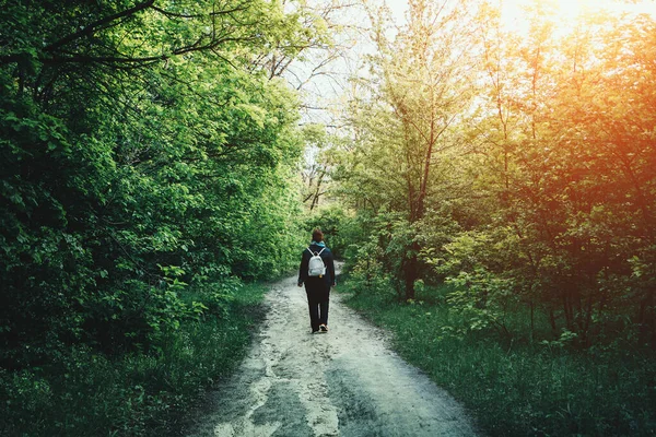 Ung kvinna i promenader i grön vår eller sommar skog, bakifrån — Stockfoto