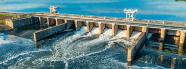 Aerial panoramic view of Hydroelectric Dam on river