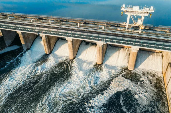 Hydroelectric Dam gates, hydro power station on river, aerial view from above