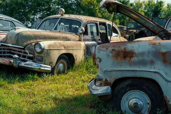 Deponie von rostigen Oldtimern, Sammlung von Retro-Autos — Stockfoto