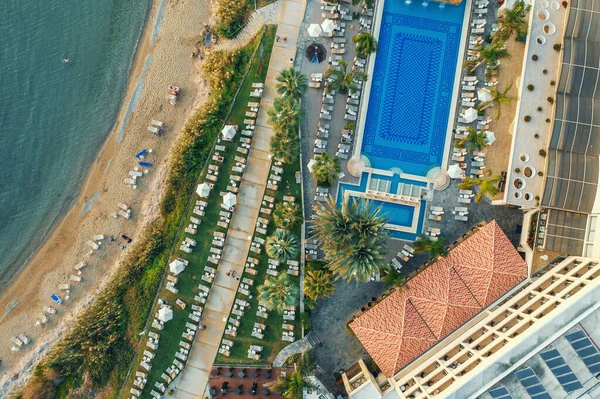 Cyprus aerial view. Coastline with hotel and walking area, top view from above — Stock Photo, Image