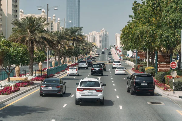 DUBAI, UAE - February 2020: Traffic on Dubai road with many cars. Dubai Marina street — Stock Photo, Image