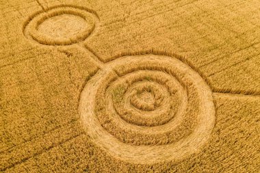 Tahıl tarlasında sahte UFO daireleri, İHA 'nın hava manzarası.