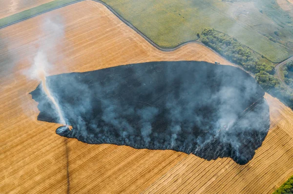 Campo agrícola em chamas, vista aérea. Queimando campo de centeio agrícola, pequeno tornado formado em fumaça — Fotografia de Stock