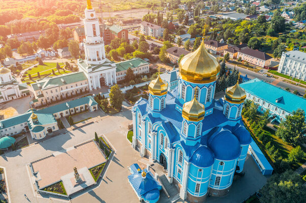 Zadonsk, Russia. Vladimir Cathedral of the Zadonsk Nativity of mother of God monastery, aerial view