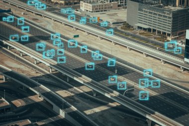 Trafik kontrol sistemleri. Ai ya da yapay zeka, araba analizleri araç teknolojisini tanımlar, gelecekteki akıllı şehir konseptinin büyük verileri