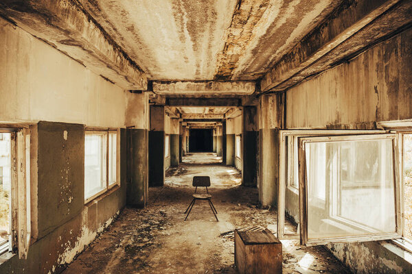 Creepy corridor. Mystical empty tunnel in abandoned house